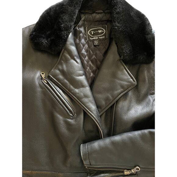 Tannery West 90s Black Leather Faux Fur Trim Coat size Small - Picture 9 of 15
